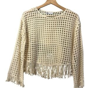 SO Womens Boho Crochet Open Knit Top Sz XS Fringe Hippie Festival Cottage Beachy